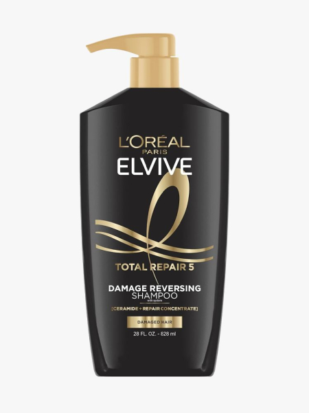 L’Oréal Paris Elvive Total Repair 5 Shampoo in branded component on a light gray background